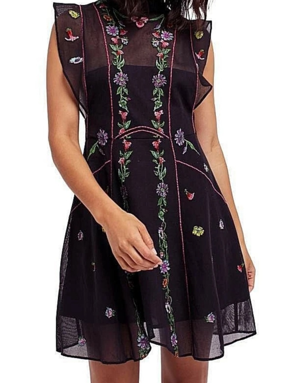 Free People Black Mini Dress with Multicolor Floral Embroidery XS